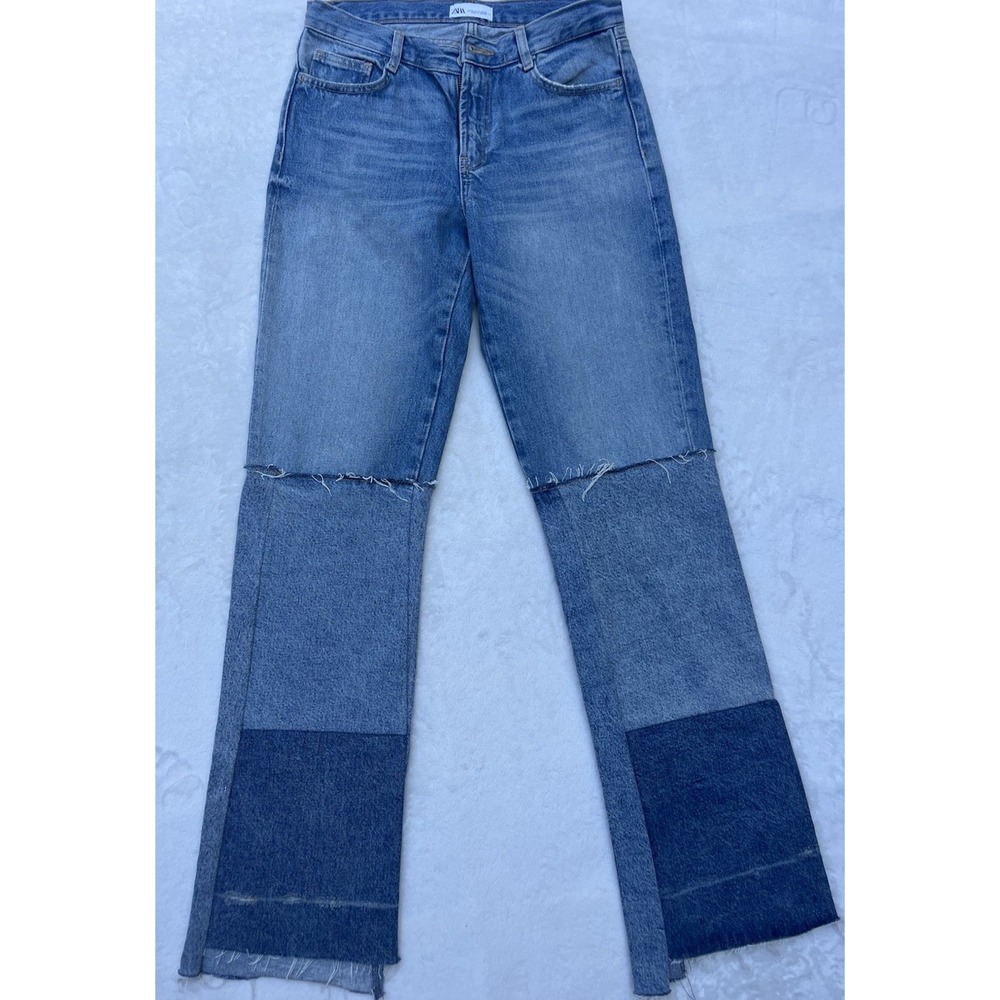 Zara TRF Patchwork Bootcut Jeans Mid Rise Raw Hem Blue US 4